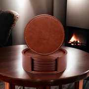 4" Round Leather Coaster Sets | 10 Sets of 4 Coaster w/ Holder