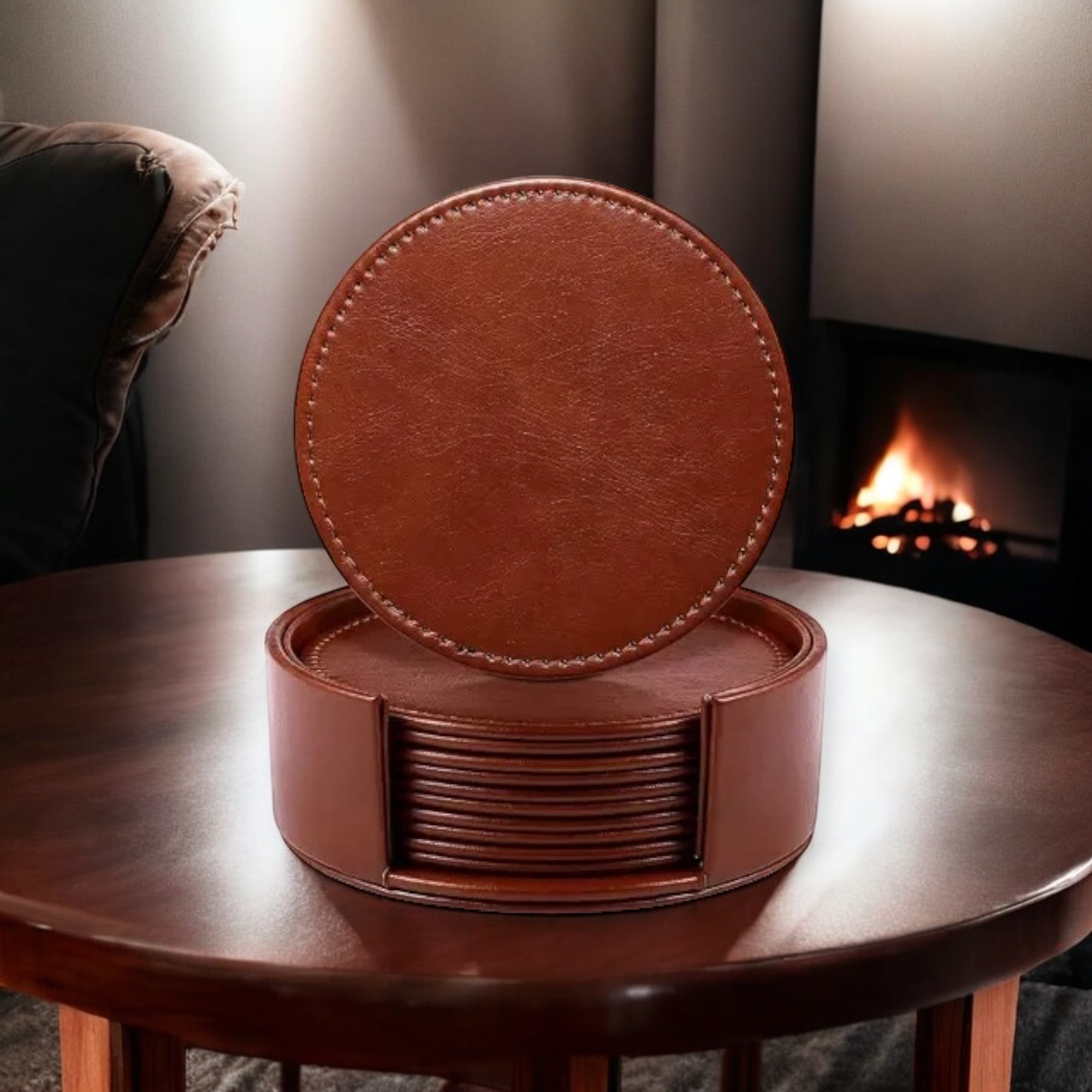 4" Round Leather Coaster Sets | 10 Sets of 4 Coaster w/ Holder